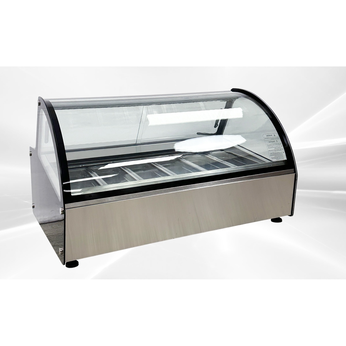 E-DW-6R counter top gelato showcase with curved double-tempered glass, stainless steel base, LED interior lighting, and six 1/3 GN pan slots
