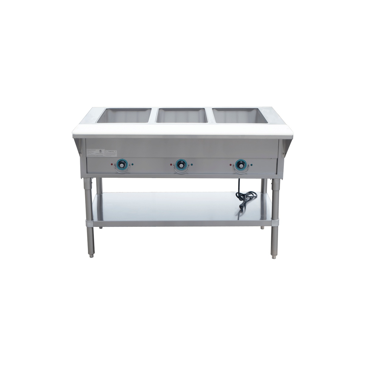 Enhanced 3-well open hot food steam table in stainless steel with individual well controls, undershelf, and adjustable legs