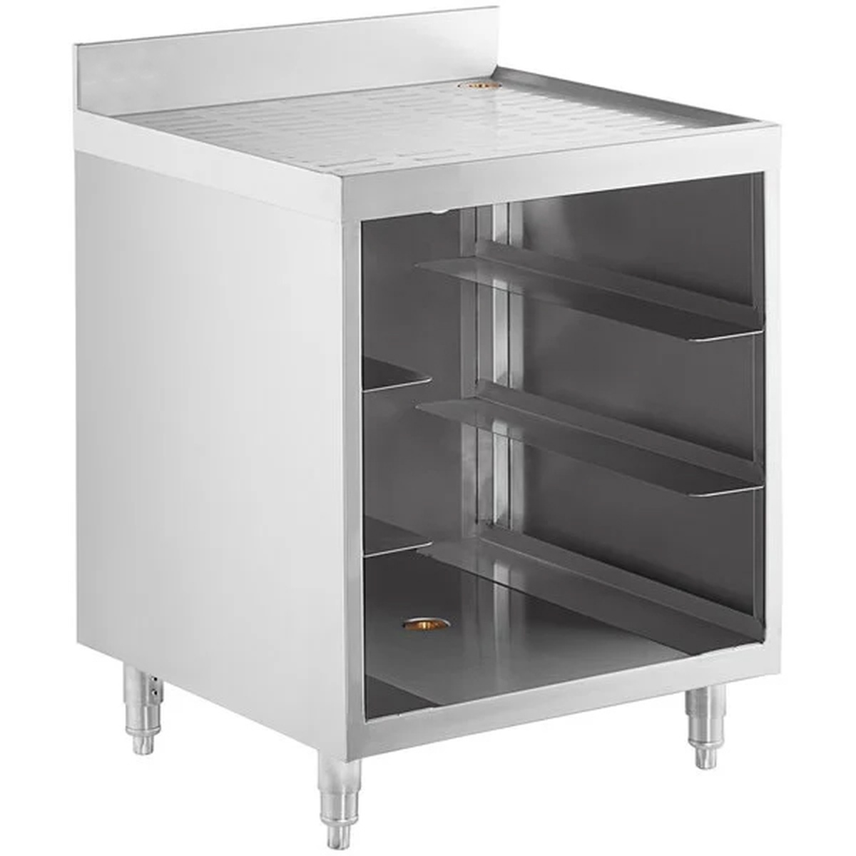 Enhanced E-GRSU-2324-CT stainless steel under-bar glass rack storage unit with open front, tiered glass slides, drainboard top, and adjustable SS legs
