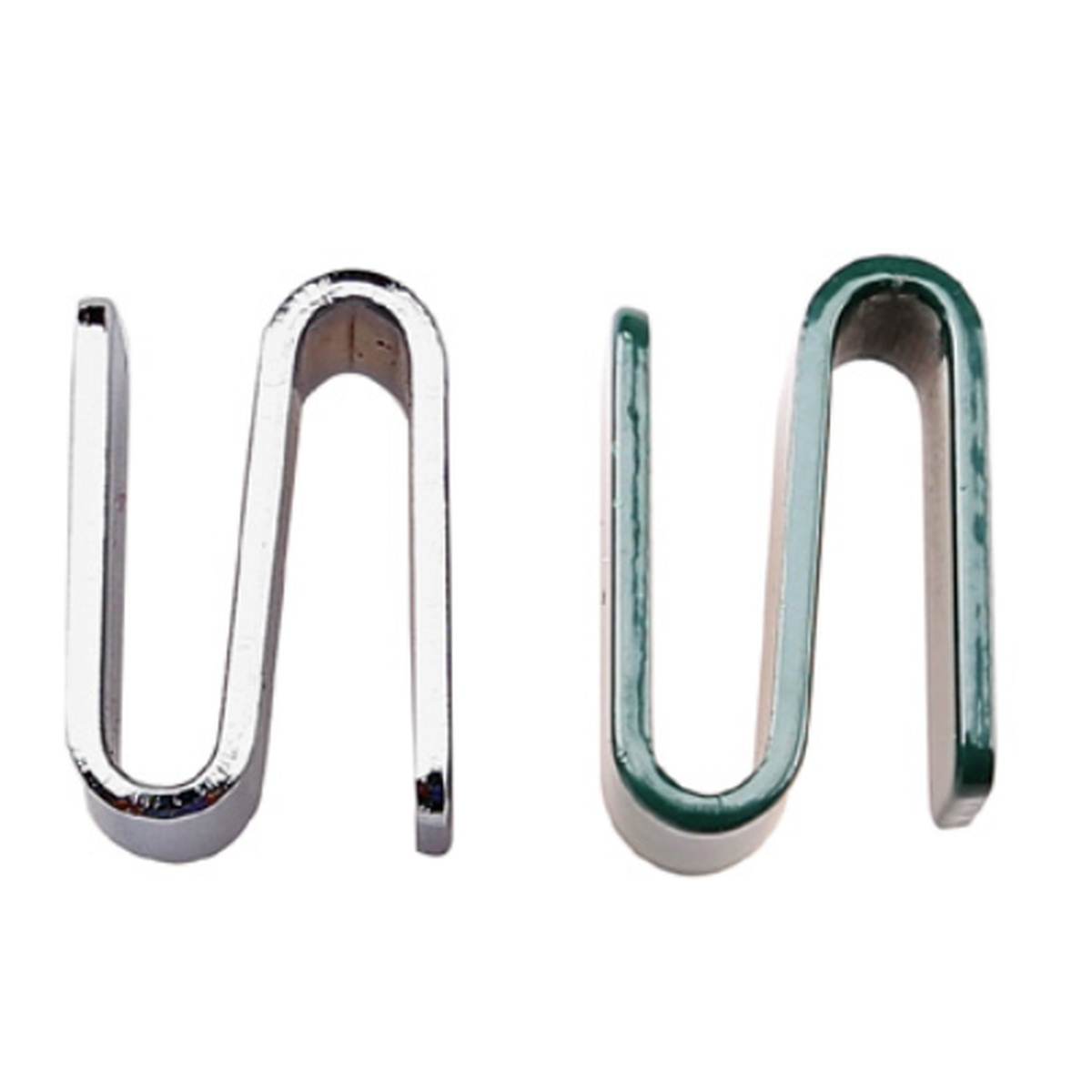 Two Enhanced S-hooks side by side: one with a bright chrome finish and one with a teal-coated finish, shown on a white background