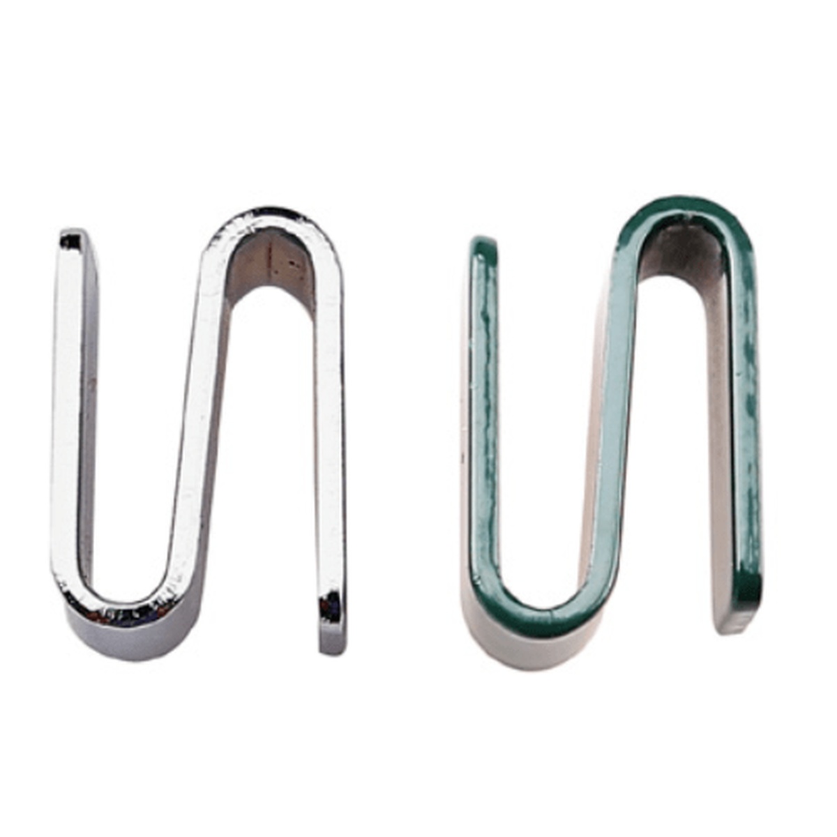 Enhanced S hooks shown side by side: chrome finish on left, green epoxy coated on right