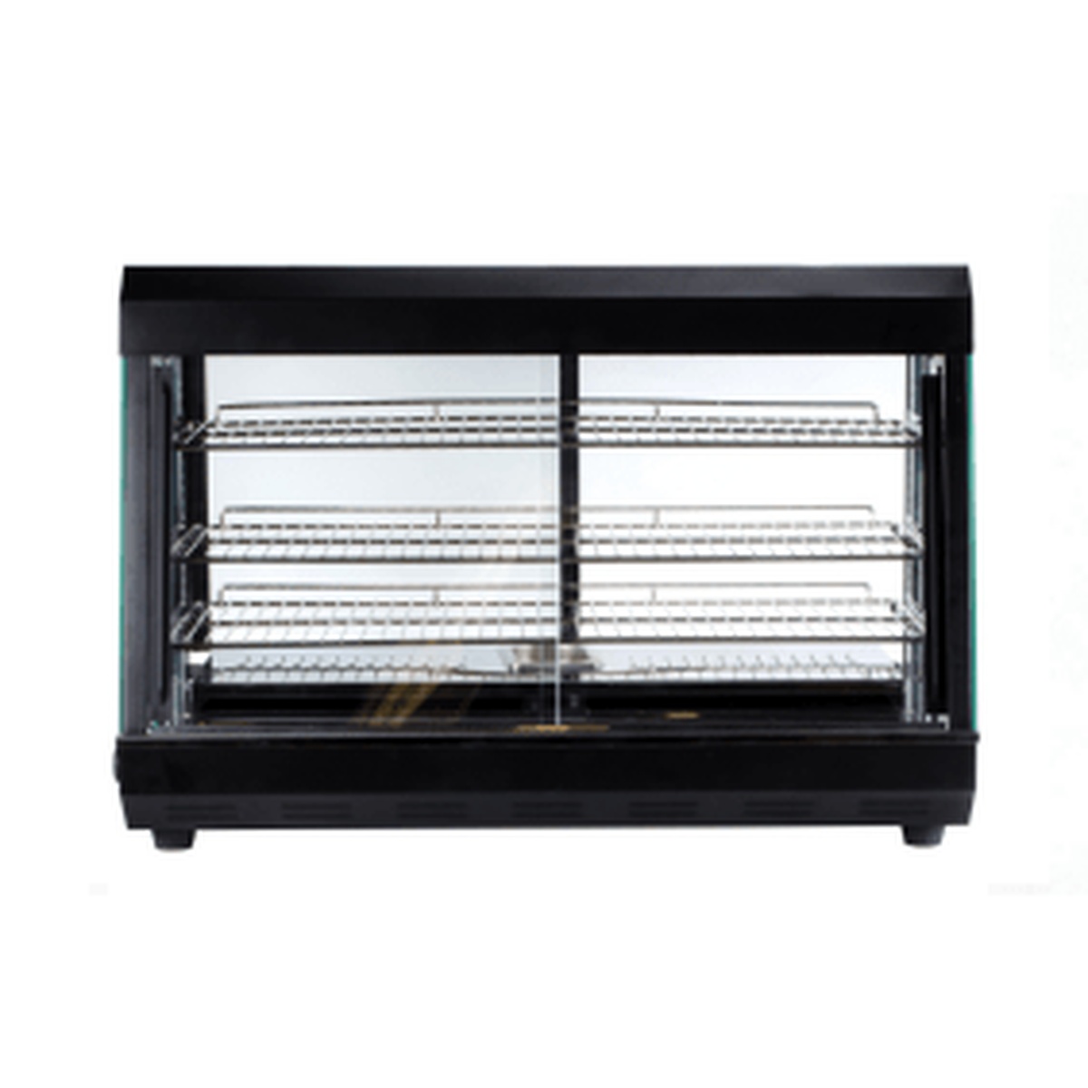 E-HW-136 Enhanced 36-inch heated display case with sliding glass doors and three wire shelves, front view