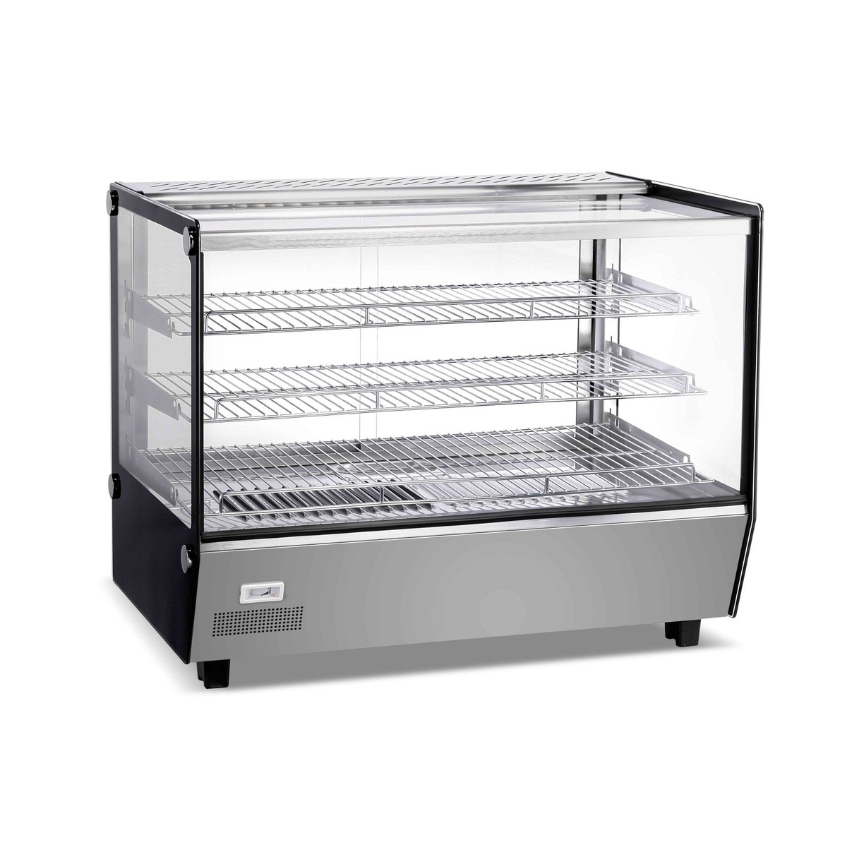 E-HW-160 Enhanced 33-inch countertop hot food showcase with three wire shelves, tempered glass panels, and stainless steel base on white background