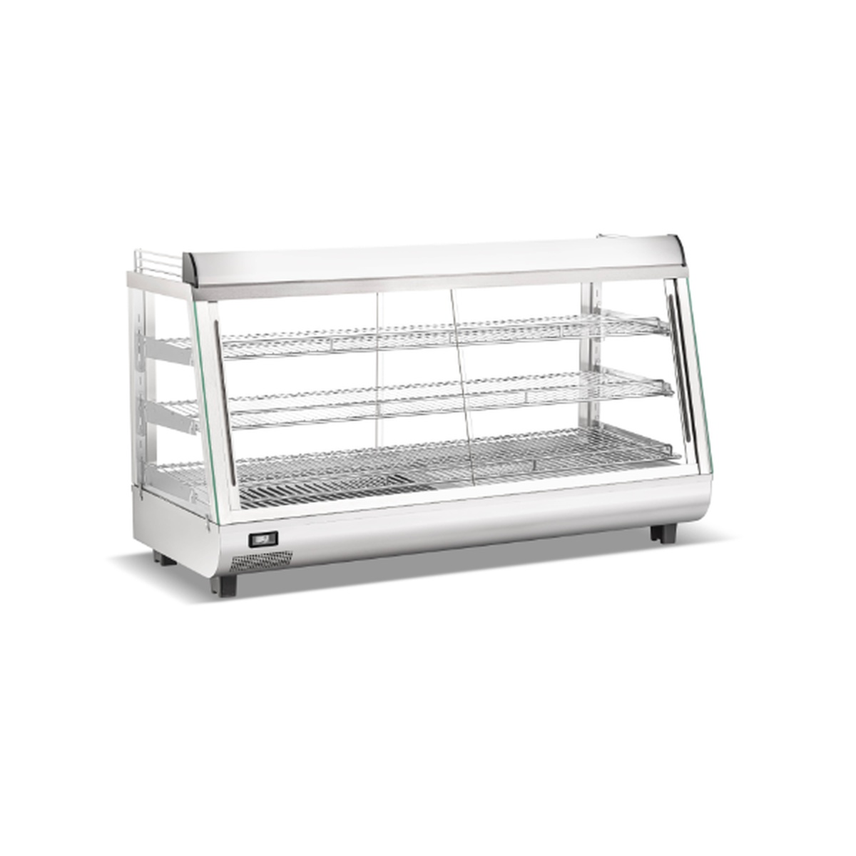 Enhanced E-HW-186-1 BLK 48-inch pass-through heated display case with curved glass front and three wire shelves
