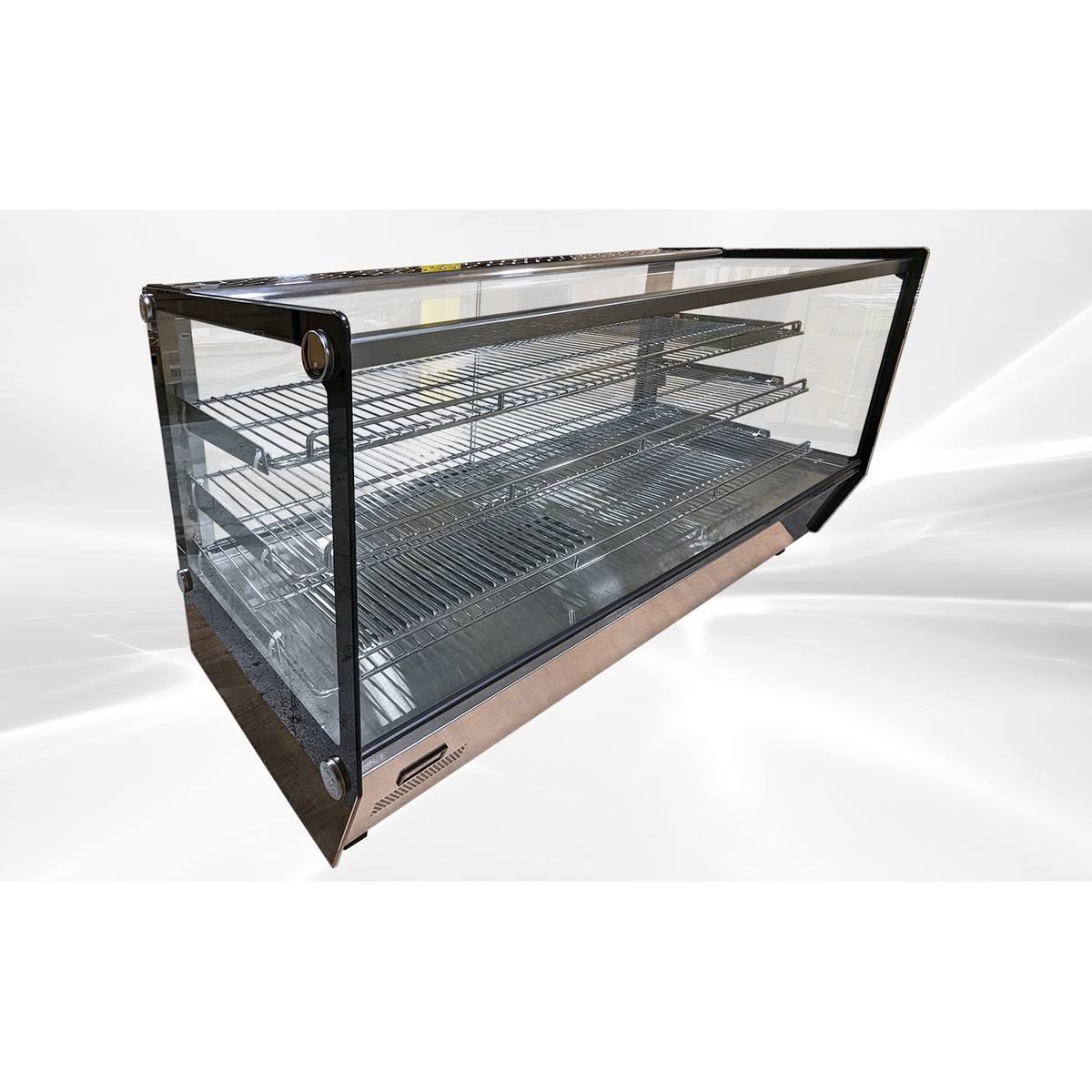 E-HW-200 Enhanced 47-inch countertop heated food showcase with three chrome wire shelves and stainless steel base, angled front view