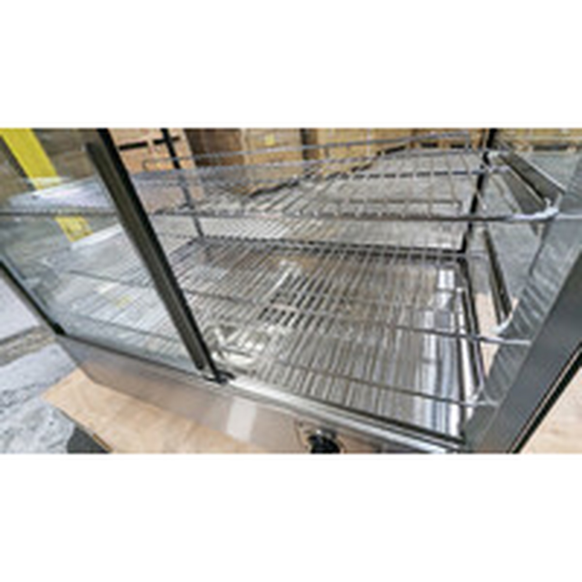 Interior view of E-HW-200 chrome-plated adjustable wire shelves inside the heated display case