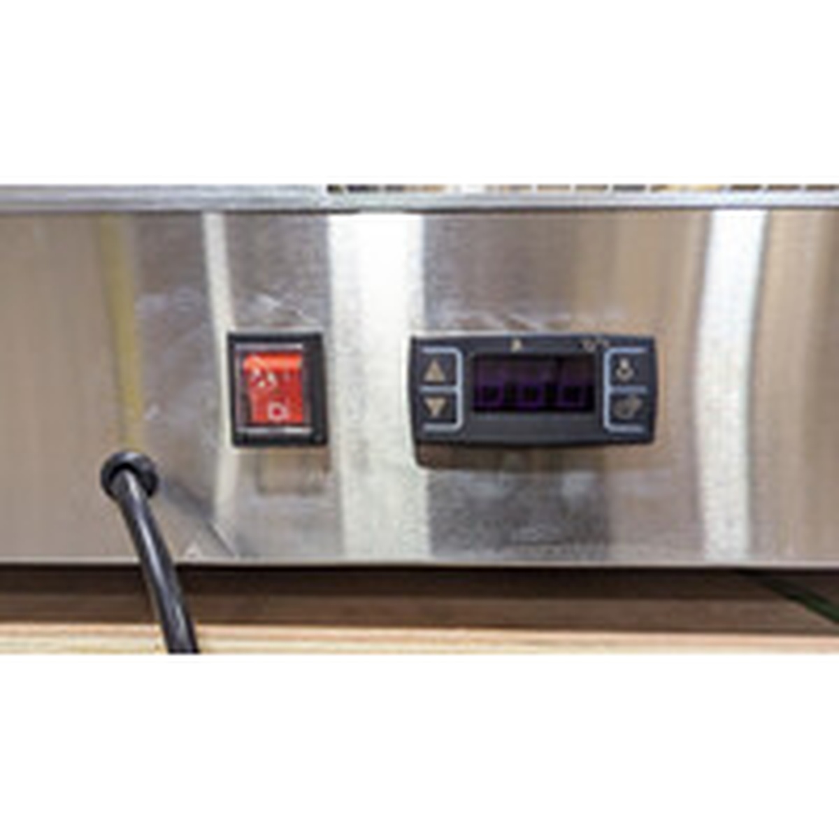 Digital temperature controller panel with red power button and LED readout on the E-HW-205 warmer