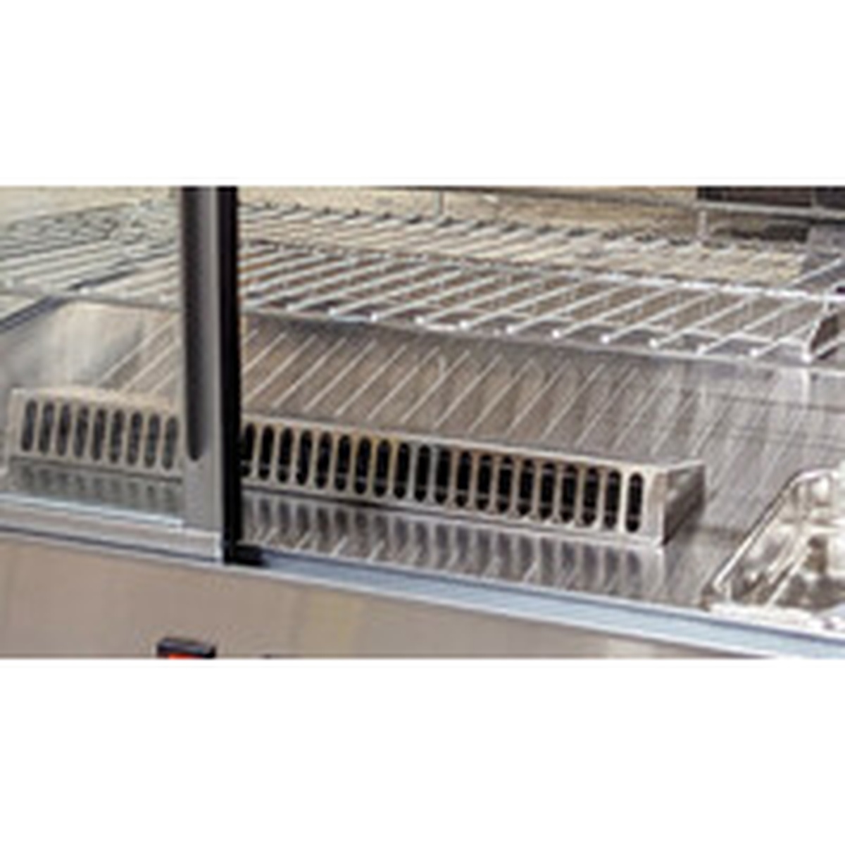 Close-up of chrome-plated wire shelf and heating element inside the E-HW-205 hot food display case