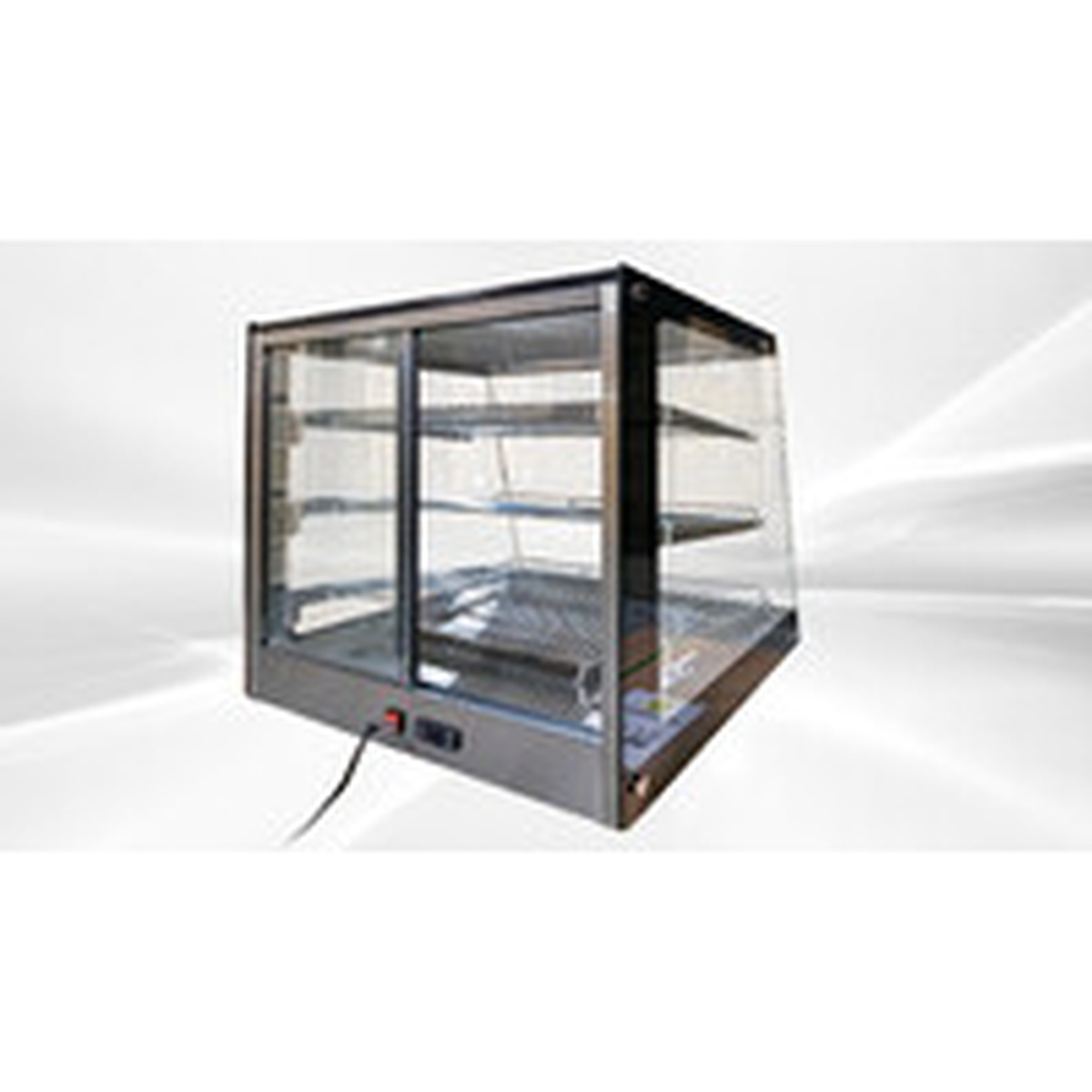 Front-facing view of the E-HW-205 Enhanced hot food display cabinet with tempered glass and black frame