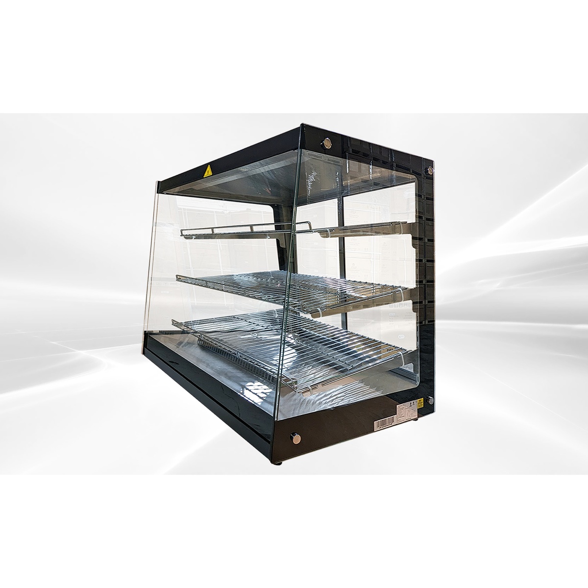 E-HW-205 Enhanced 30-inch hot food showcase with black frame, tempered glass panels, and three chrome wire shelves