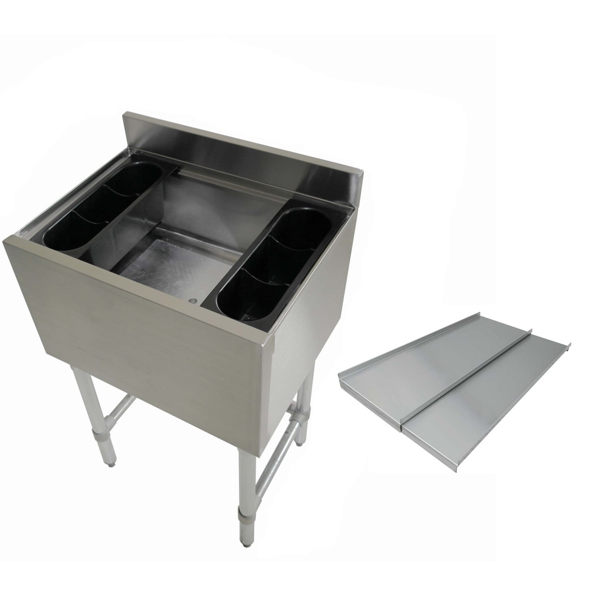 Enhanced E-IB183012 stainless steel under-bar ice bin with plastic bottle holders and separate sliding lid panel