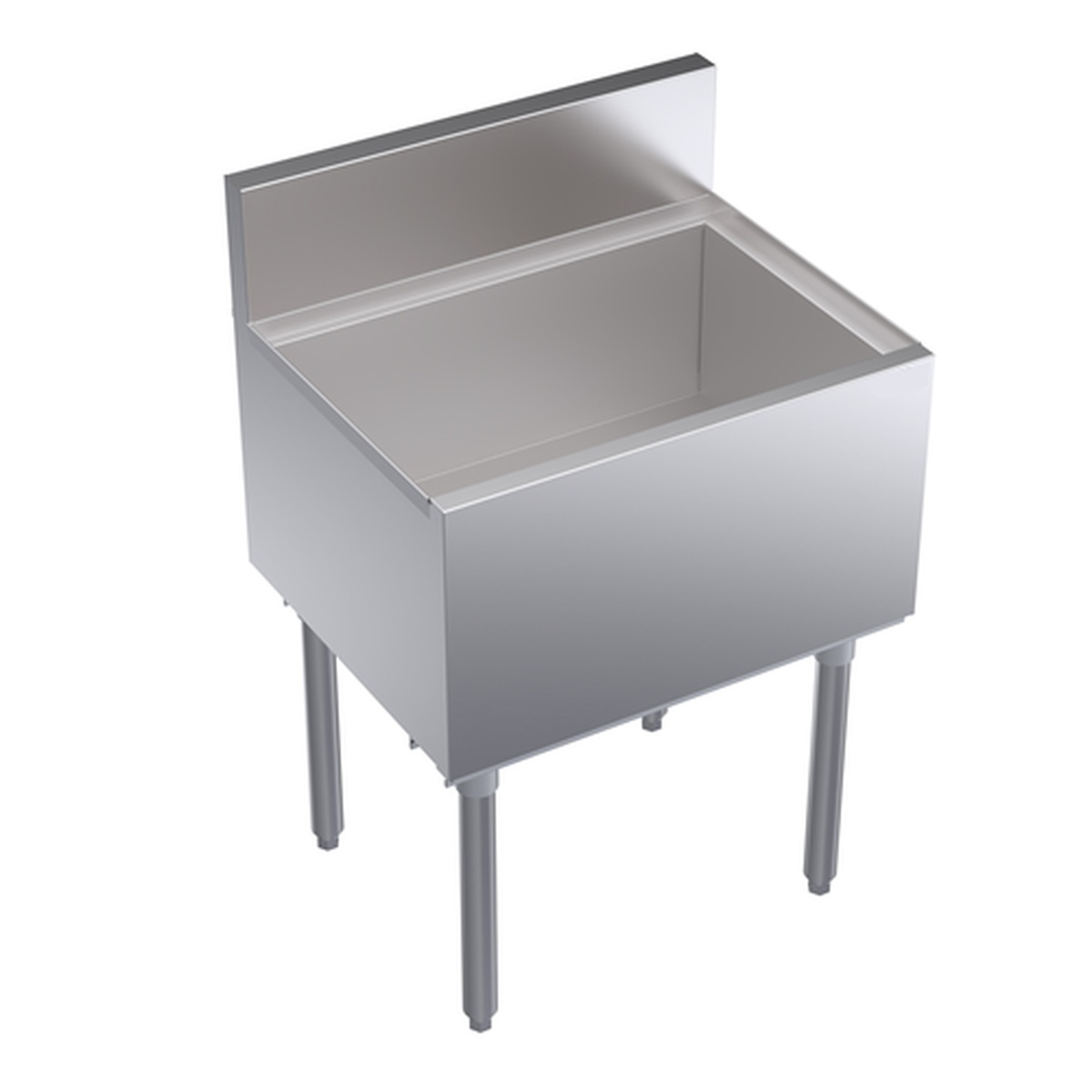 Enhanced E-IB183012-7CPT stainless steel under bar ice bin with 3-inch backsplash and leg supports