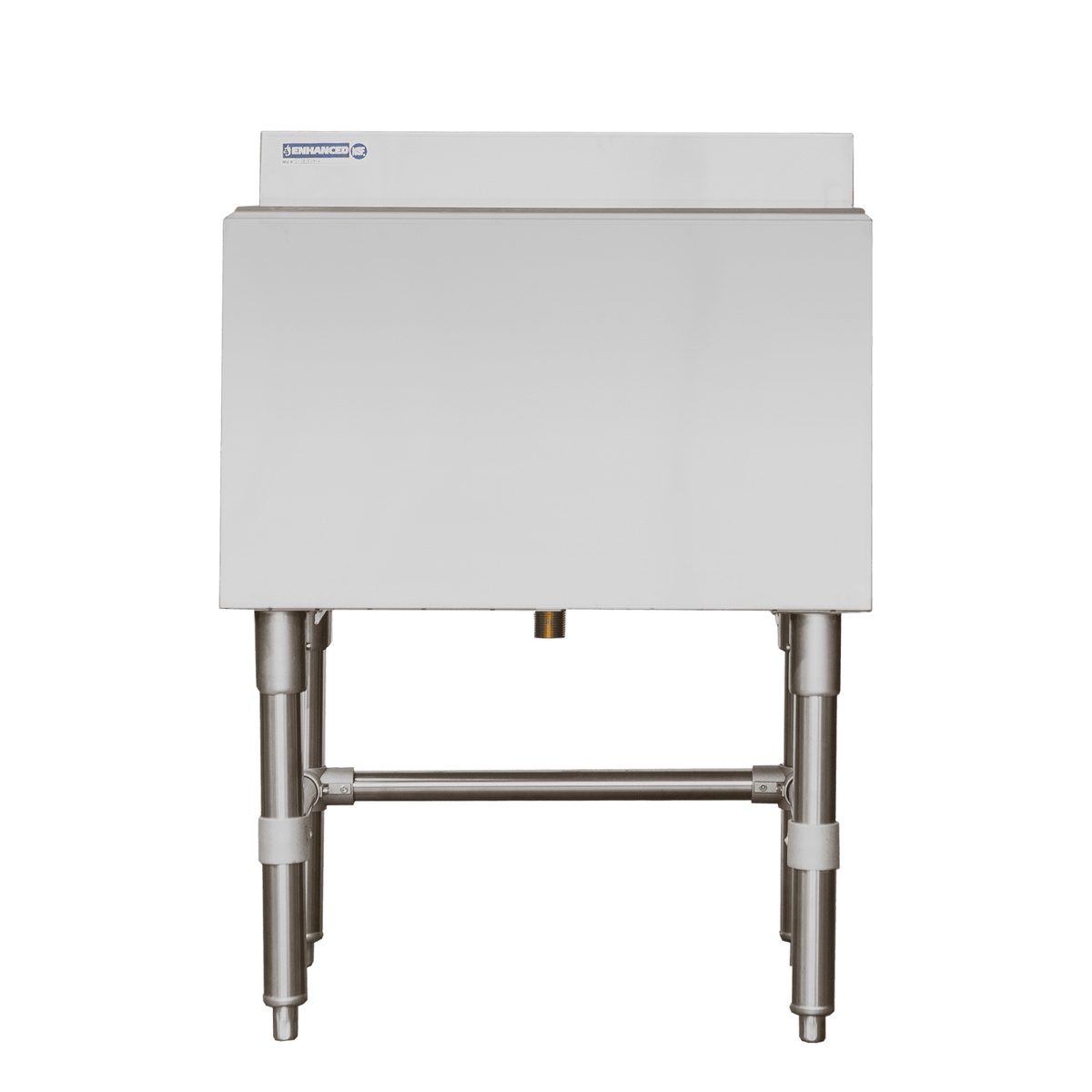 Enhanced E-IB183612 36-inch stainless steel under bar ice bin front view showing drain fitting and backsplash