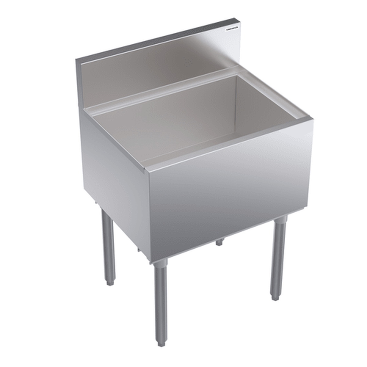 Enhanced E-IB183612-7CPT stainless steel under-bar ice bin with 3-inch backsplash and four leg base