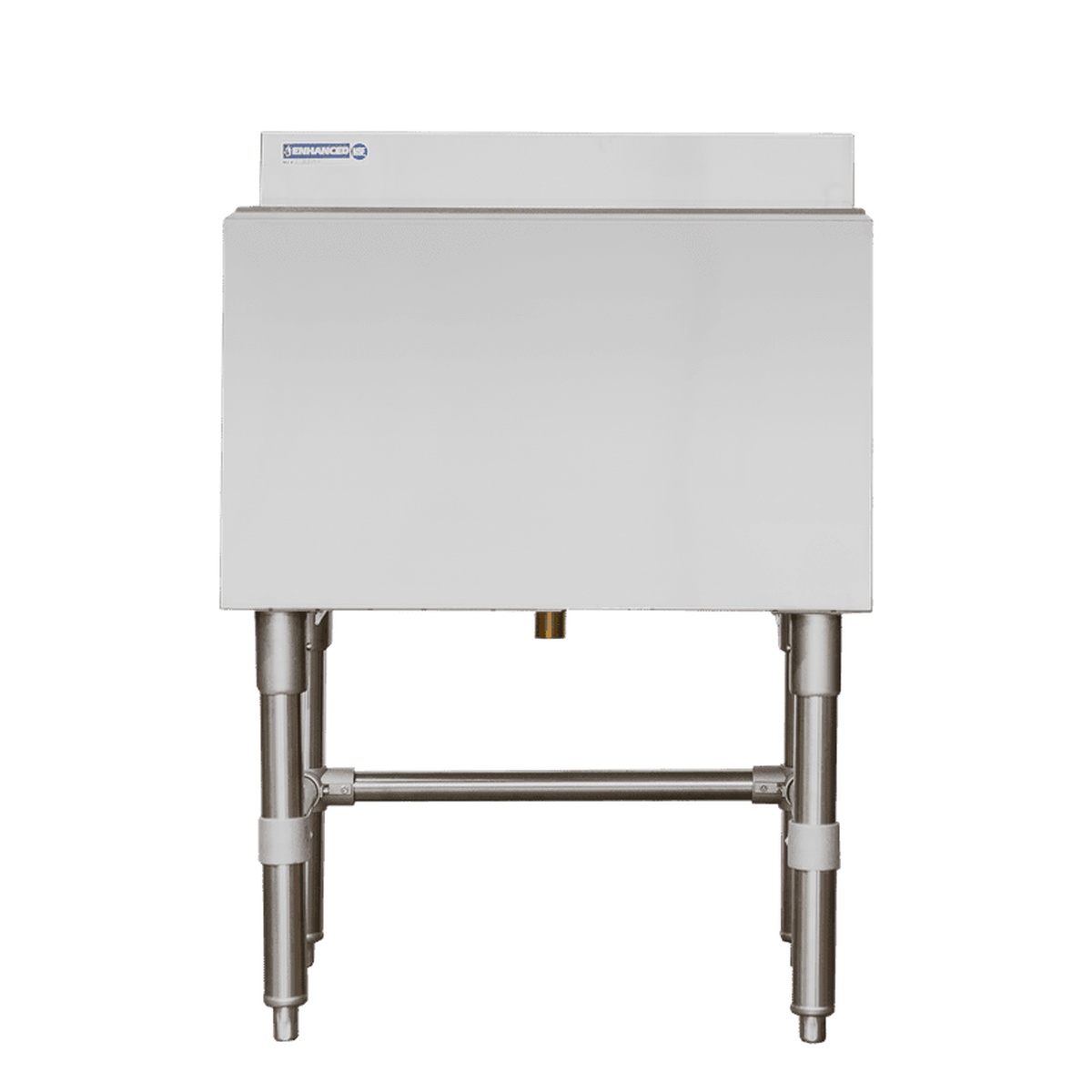 Enhanced E-IB212412 ice bin front view showing stainless steel panels and drain fitting