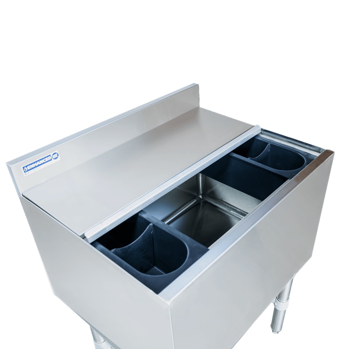 Enhanced E-IB213012 ice bin interior top-down view showing stainless ice well and two included plastic bottle holders