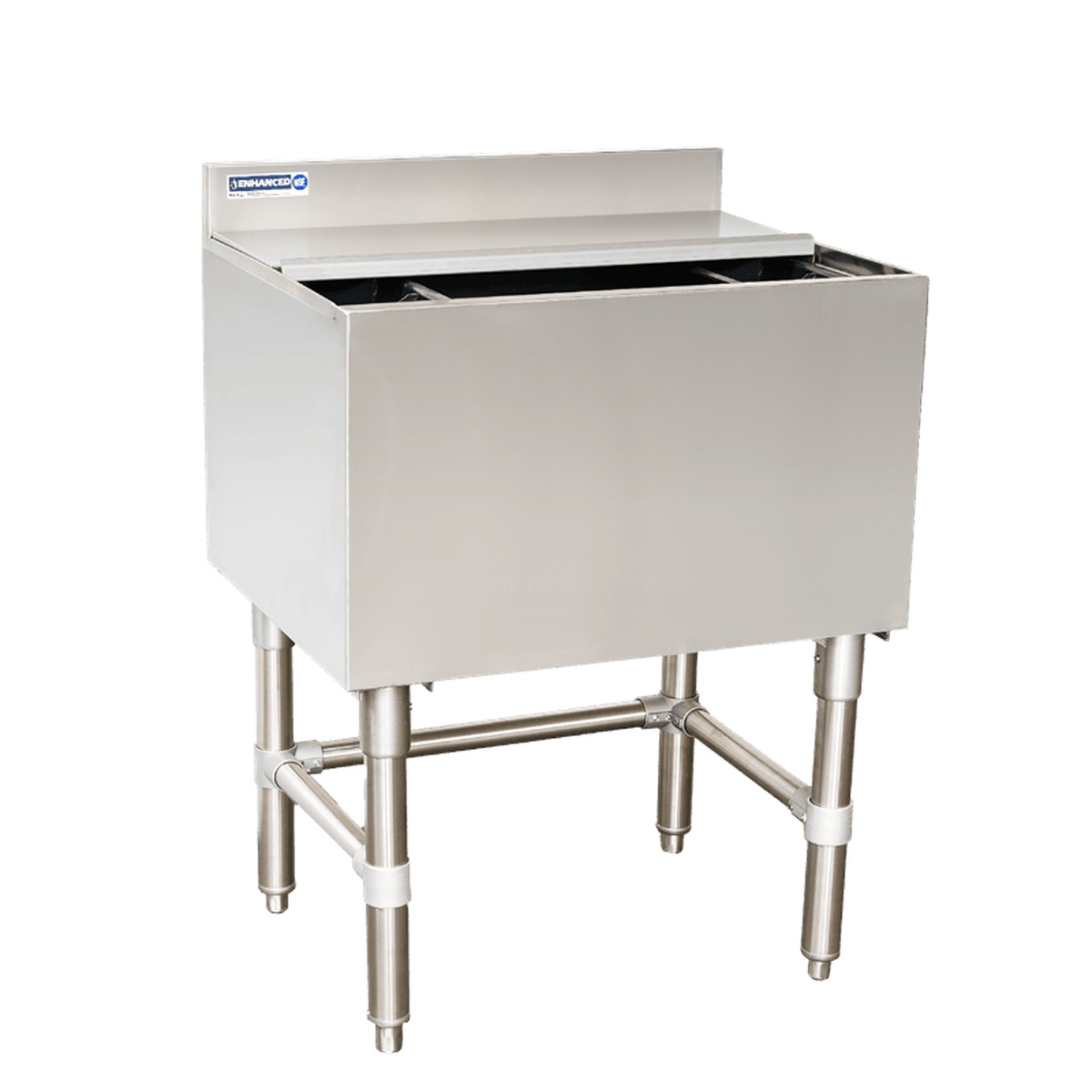 Enhanced E-IB213012 stainless steel under bar ice bin angled view showing backsplash and leg assembly