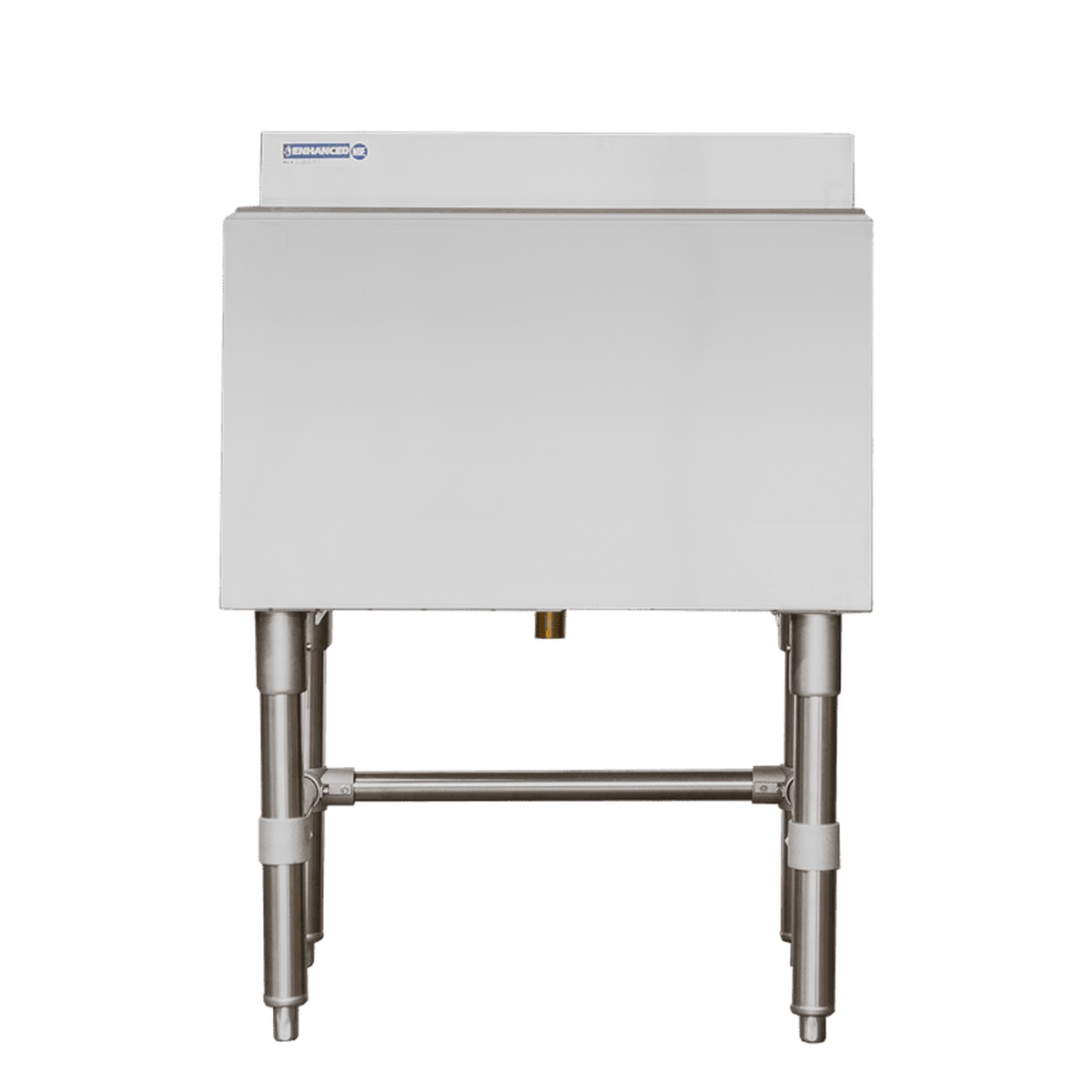 Enhanced E-IB213012 under bar ice bin front view showing drain fitting and stainless leg crossbar