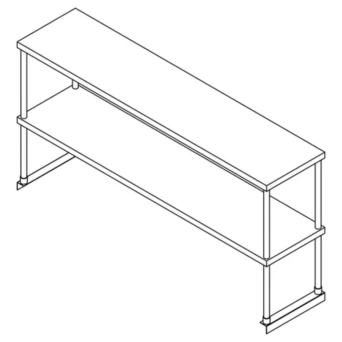 Isometric line drawing of the OSD-1472 double overshelf showing two tiers and table-mount frame