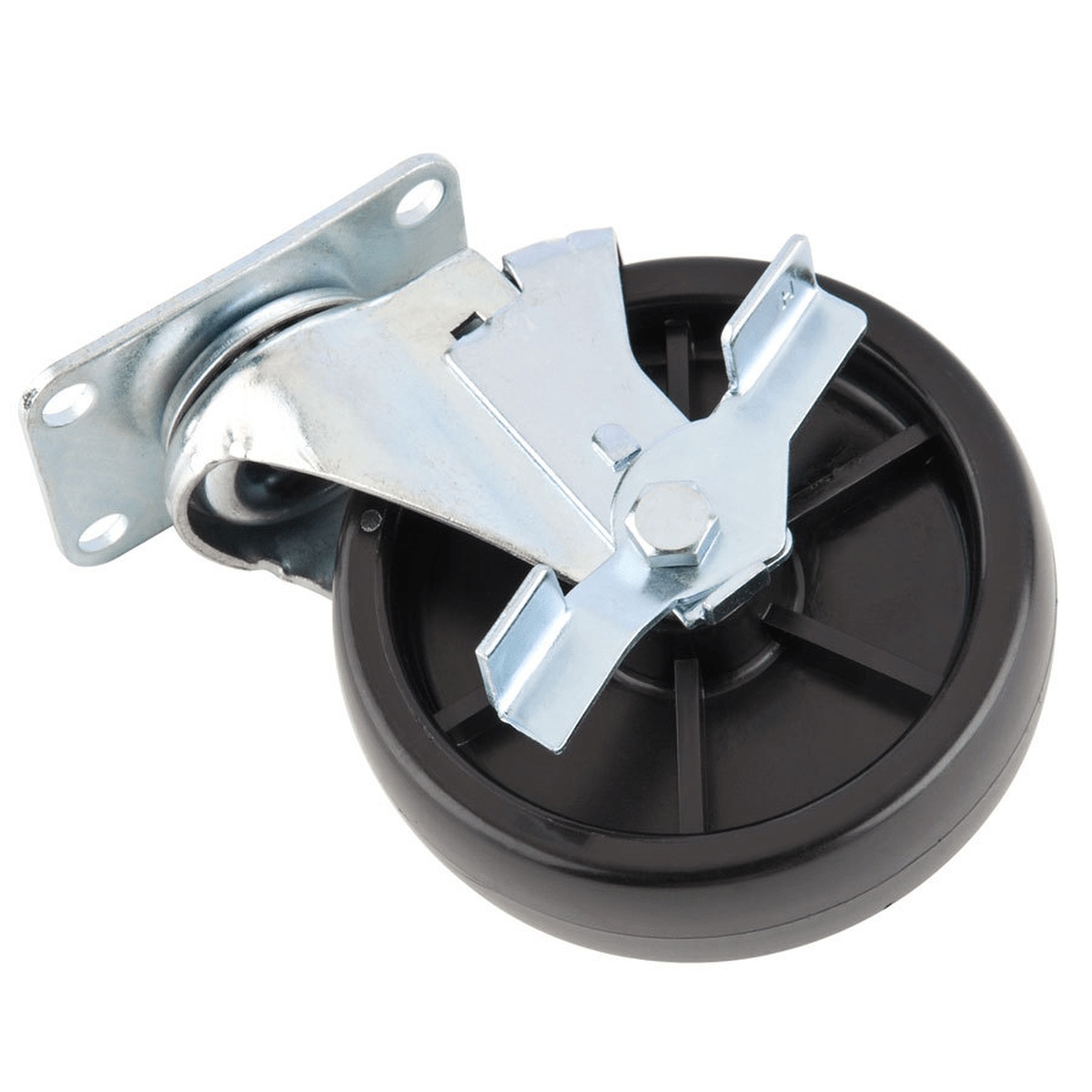 Enhanced 5-inch swivel caster with brake and four-hole mounting plate, black plastic wheel and metal hardware