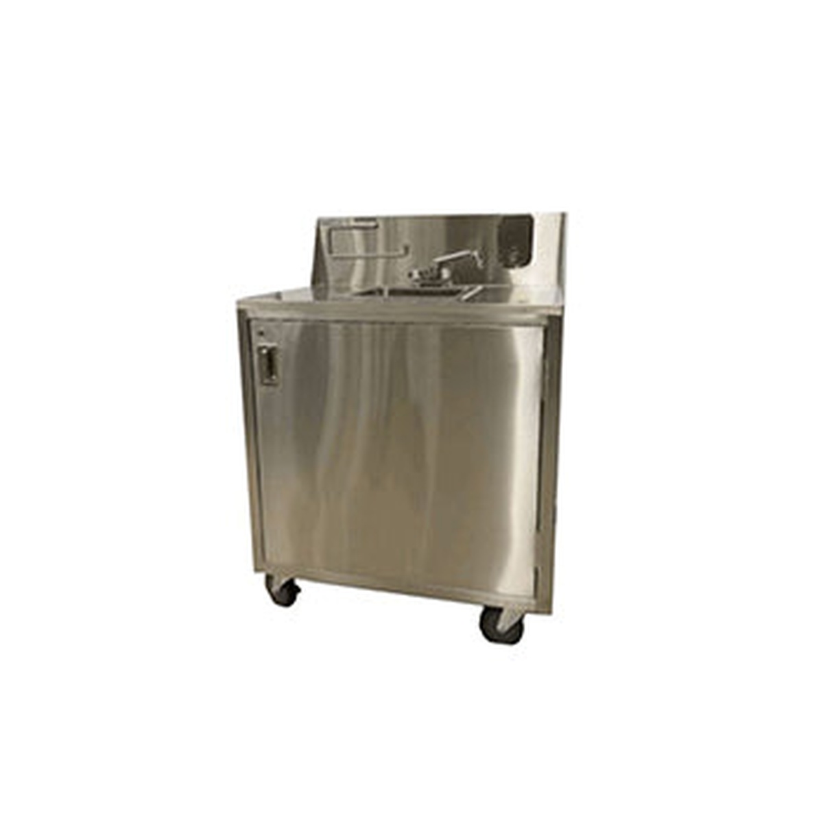 Enhanced E-PHSC1-253438H stainless steel portable hand sink cart with swing door, backsplash, and casters