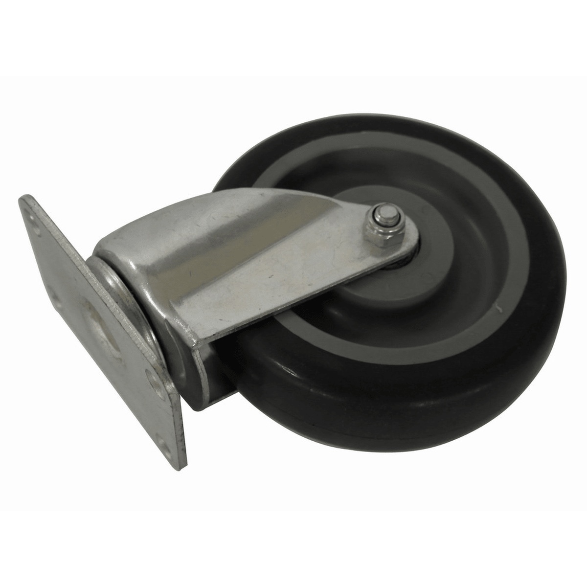 Enhanced 5-inch swivel caster with metal yoke, eight-hole mounting plate, and dark polyurethane wheel