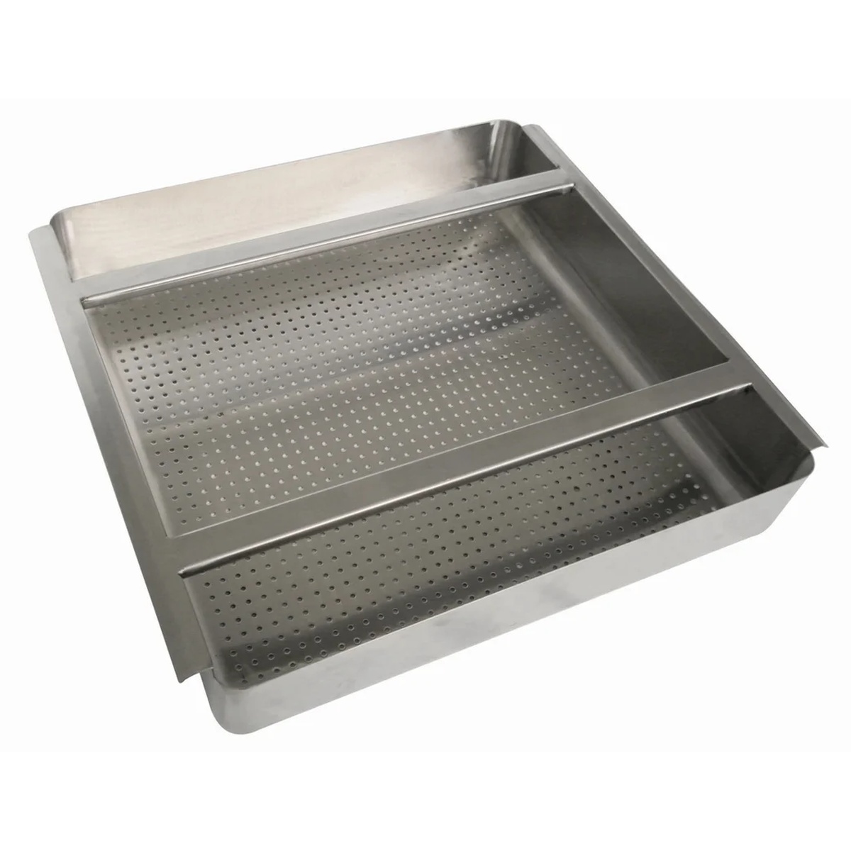 Stainless steel perforated soiled dish table drain basket with front and back flanges, 19.50 x 19.50 x 4 inches