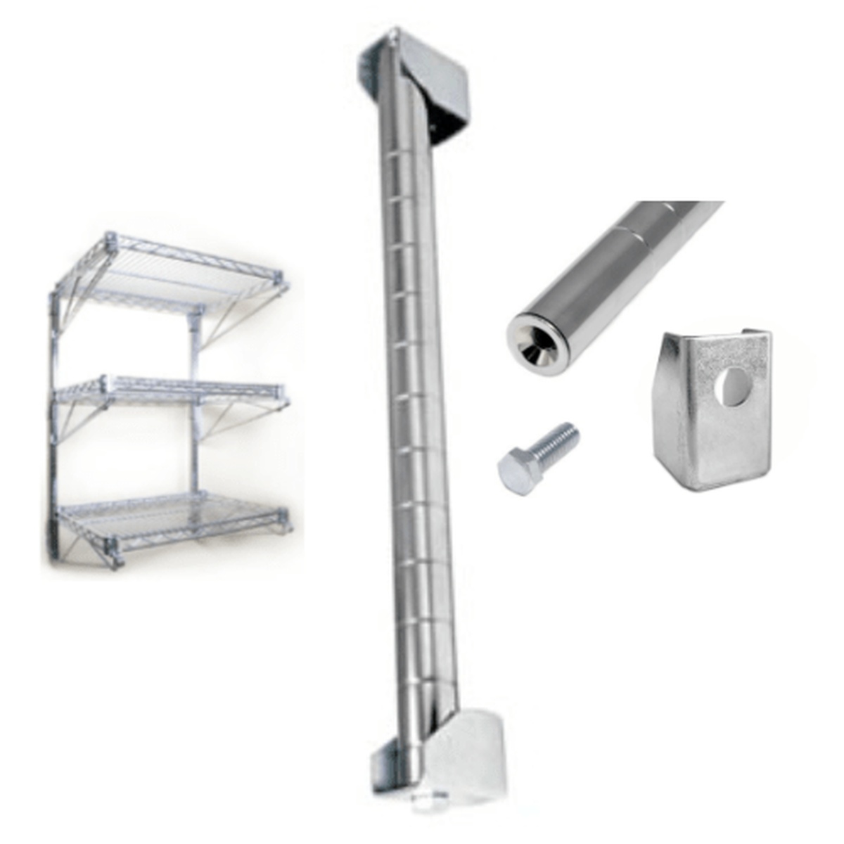 E-PW34C Enhanced Wall Post Kit 34 inch Chrome components including two posts, mounting caps, and bolts