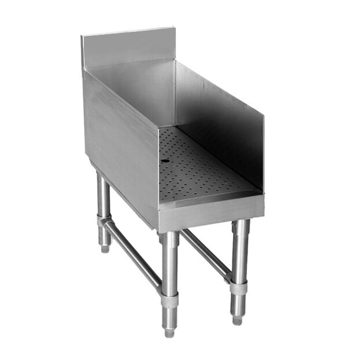 Enhanced E-RBDU-1812 stainless steel recessed drainboard unit with perforated surface, open base, SS legs, and H-shaped leg brace