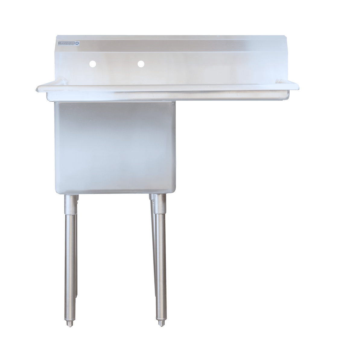 Enhanced 1-tub stainless steel sink with 15-inch right drainboard and galvanized legs front view