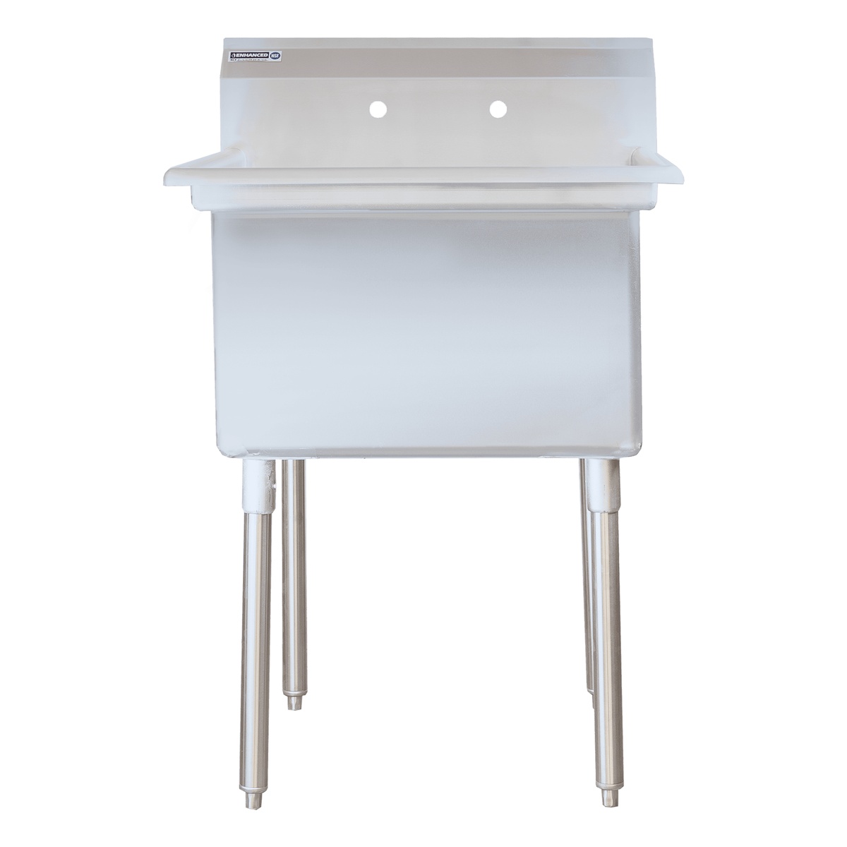 Enhanced E-S1C242414-316 single-tub stainless steel commercial sink, front view showing backsplash and stainless legs