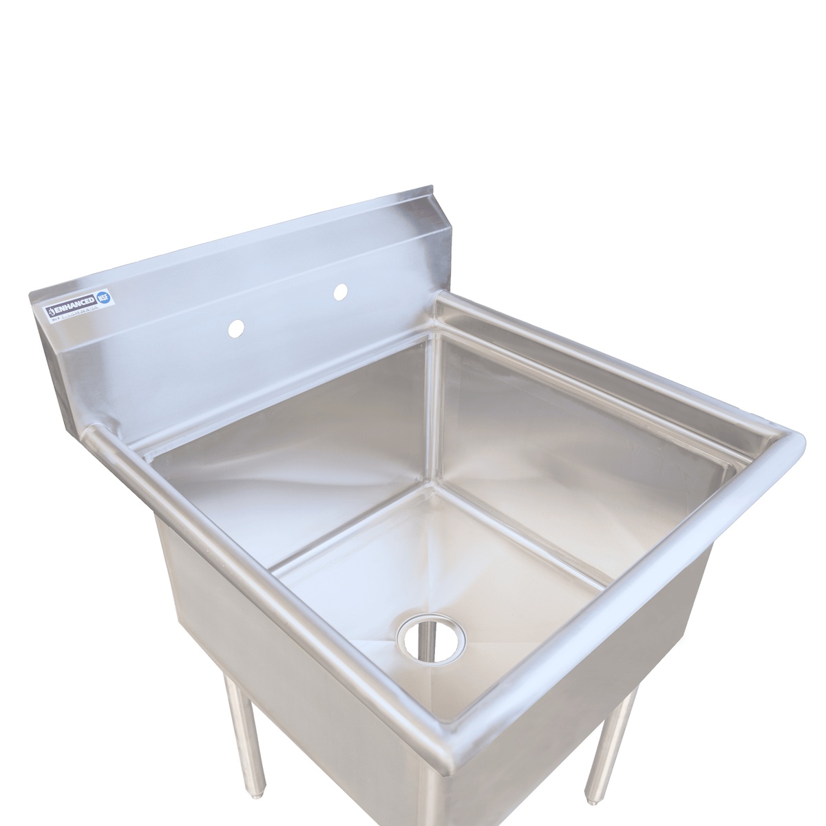 Enhanced E-S1C242414-316 single-tub stainless steel commercial sink, angled overhead view showing deep bowl and center drain