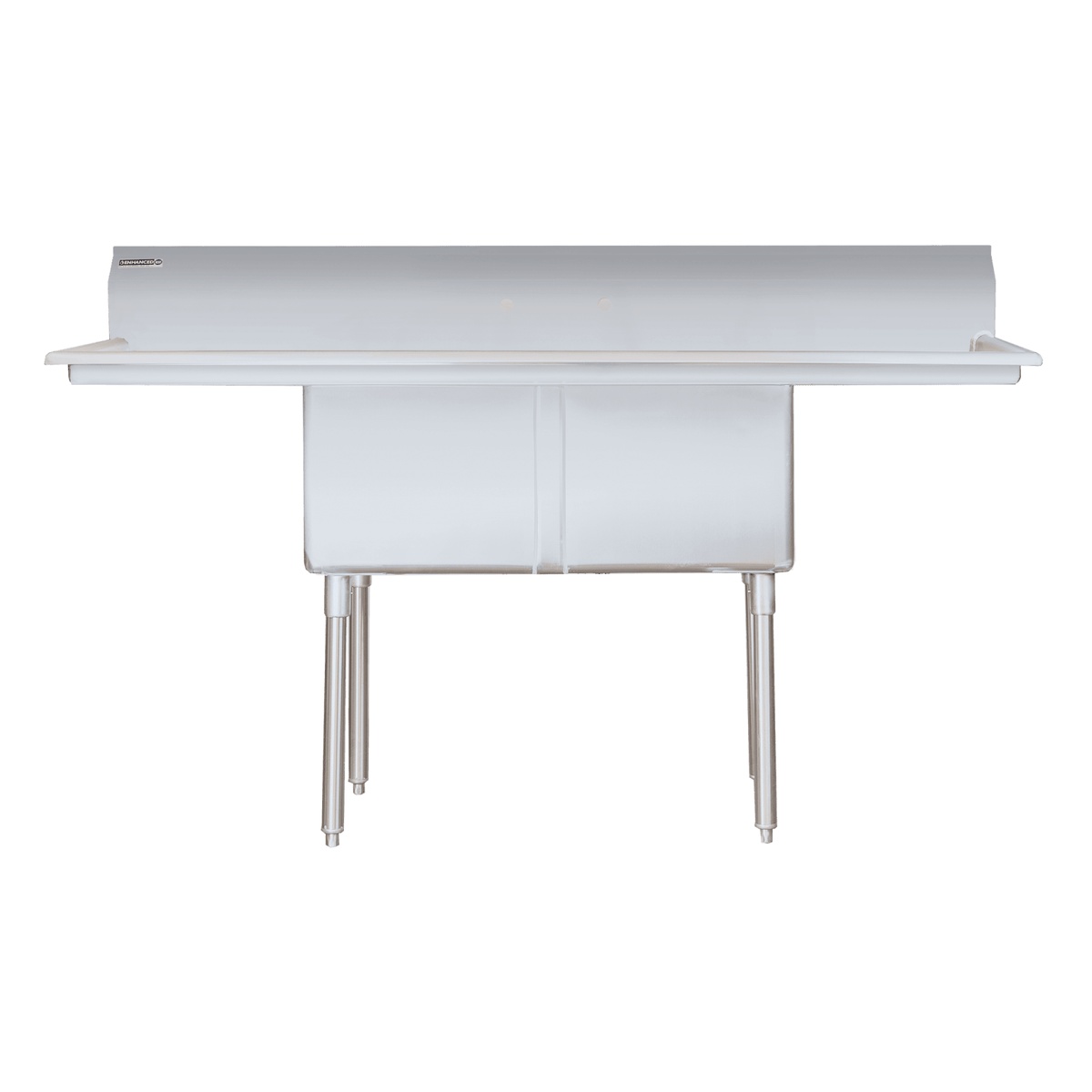 Front view of Enhanced SS two-tub commercial sink with left and right drainboards on adjustable legs