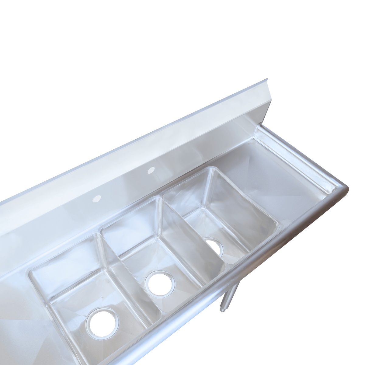 Enhanced three-compartment sink close-up overhead angle showing polished stainless steel tubs, drain openings, and drainboard detail