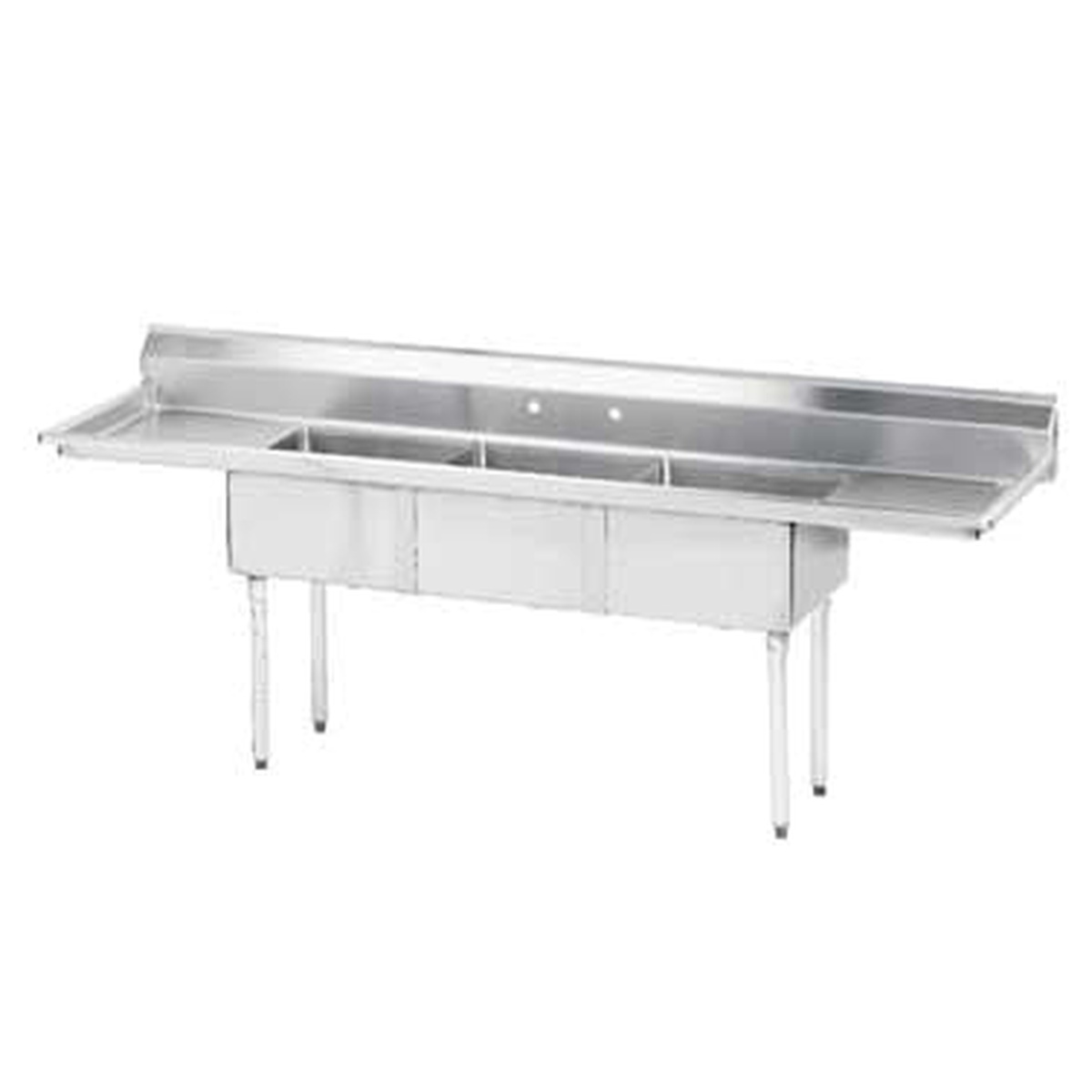 Enhanced E-S3C151512-15LR-318 three-compartment stainless steel sink with left and right drainboards on stainless steel legs