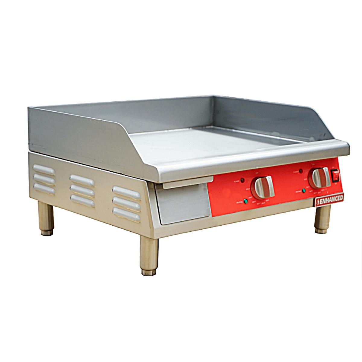 Enhanced E-SECG3B-36 36-inch stainless steel electric griddle with red thermostatic control panel and four adjustable legs
