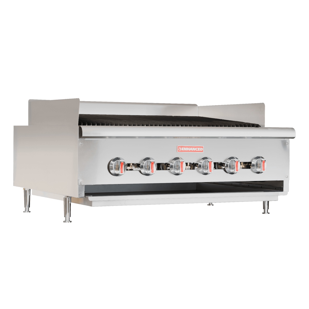 Enhanced E-SGCRC3B-36 36-inch stainless steel gas countertop radiant charbroiler with six control knobs and cast iron grates
