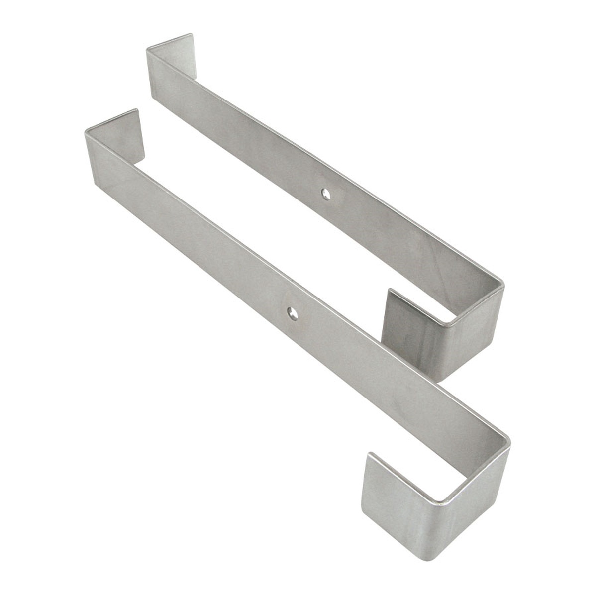 Pair of stainless steel speed rail hangers with U-shaped bracket ends and mounting holes