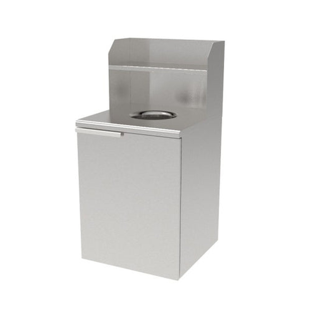 Enhanced E-STBC-262652 stainless steel trash bin cabinet with top tray shelf and circular waste opening