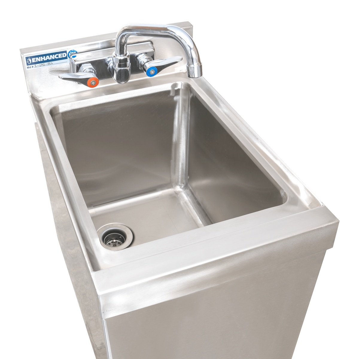 Close-up overhead view of Enhanced E-UHS-1812 stainless steel sink bowl with faucet and drain