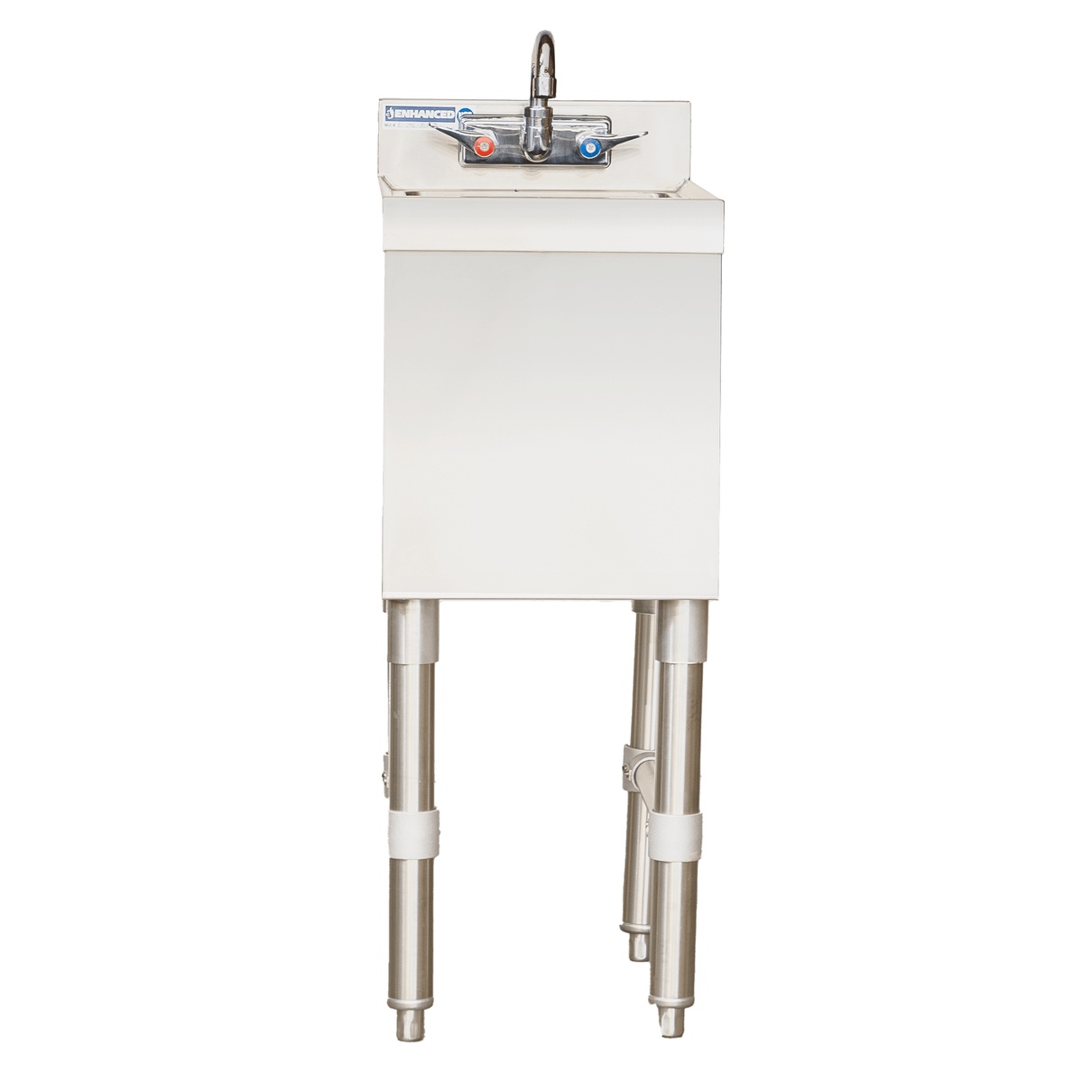 Enhanced E-UHS-1812 underbar hand sink front view showing stainless steel legs and faucet assembly