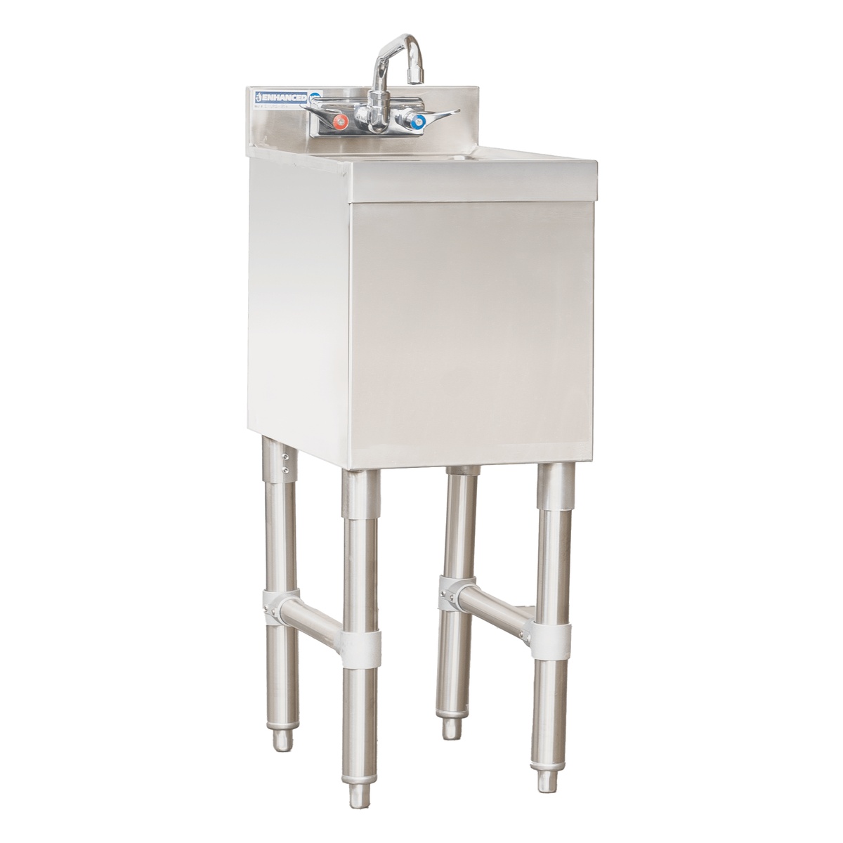 Enhanced E-UHS-1812 underbar hand sink angled view showing stainless steel body, faucet, and H-brace leg system