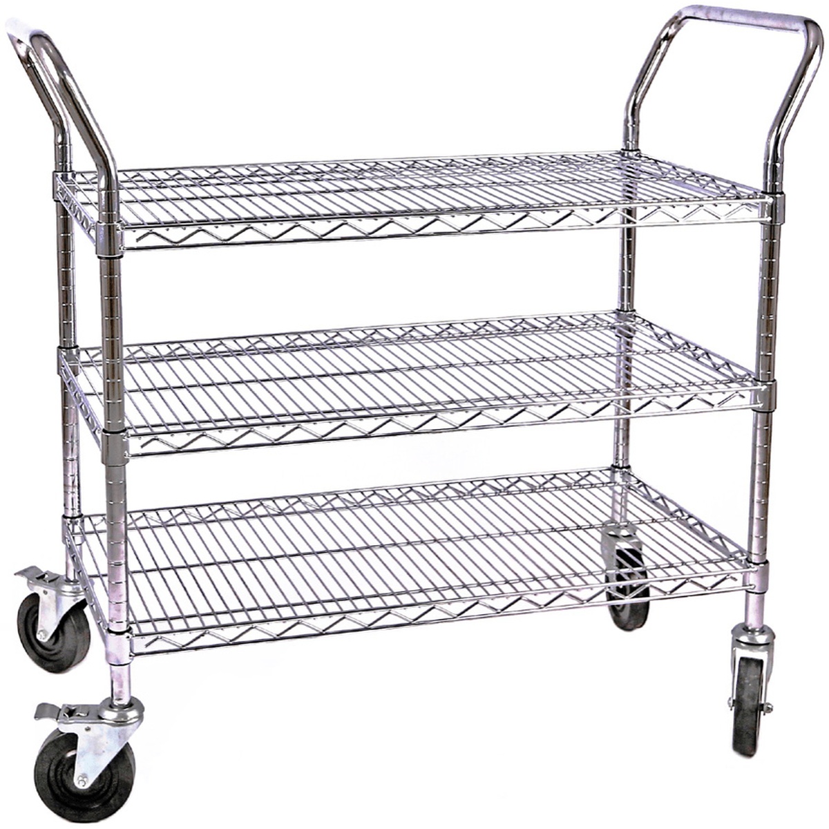 Enhanced E-UT1836C chrome wire utility cart with three shelves, dual push handles, and five swivel casters