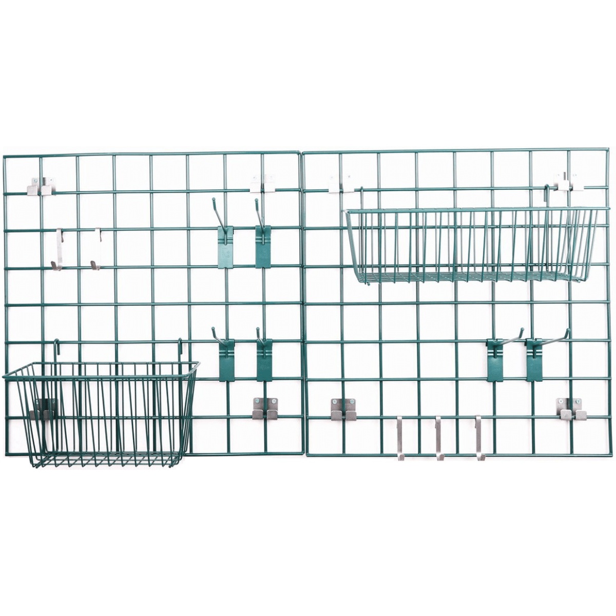 E-WMTGRID Enhanced wall mount food prep and drying station with two green epoxy-coated wire grids, small and large wire baskets, peg hooks, mounting hooks, and J hooks