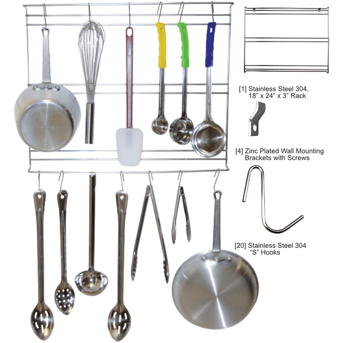E-WMUTRK-1824 stainless steel wall mounted utensil rack shown with S-hooks, mounting brackets, and hanging kitchen utensils including ladles, tongs, and pans