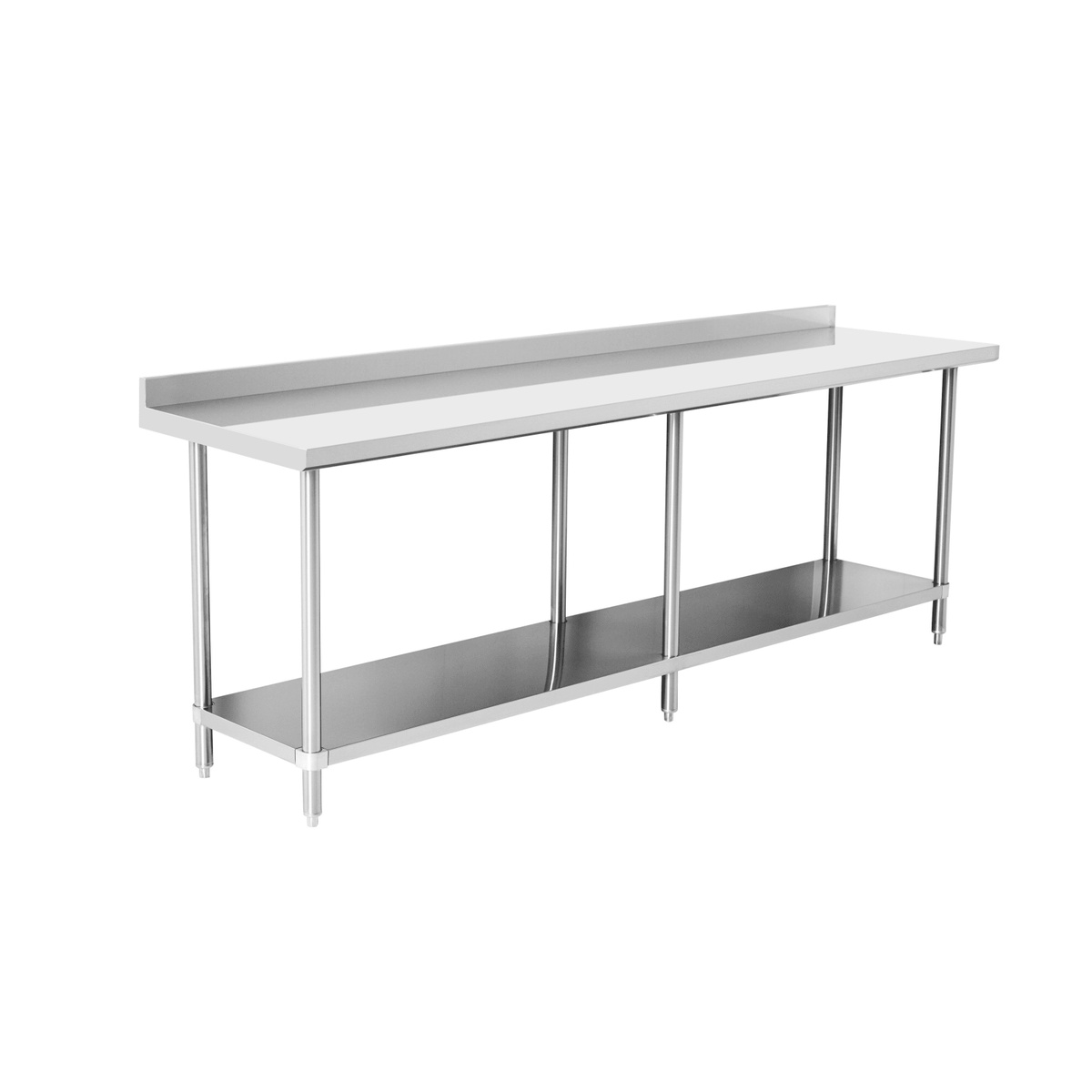 Enhanced SS stainless steel work table 30x84 with 2-inch backsplash, galvanized undershelf, and six legs