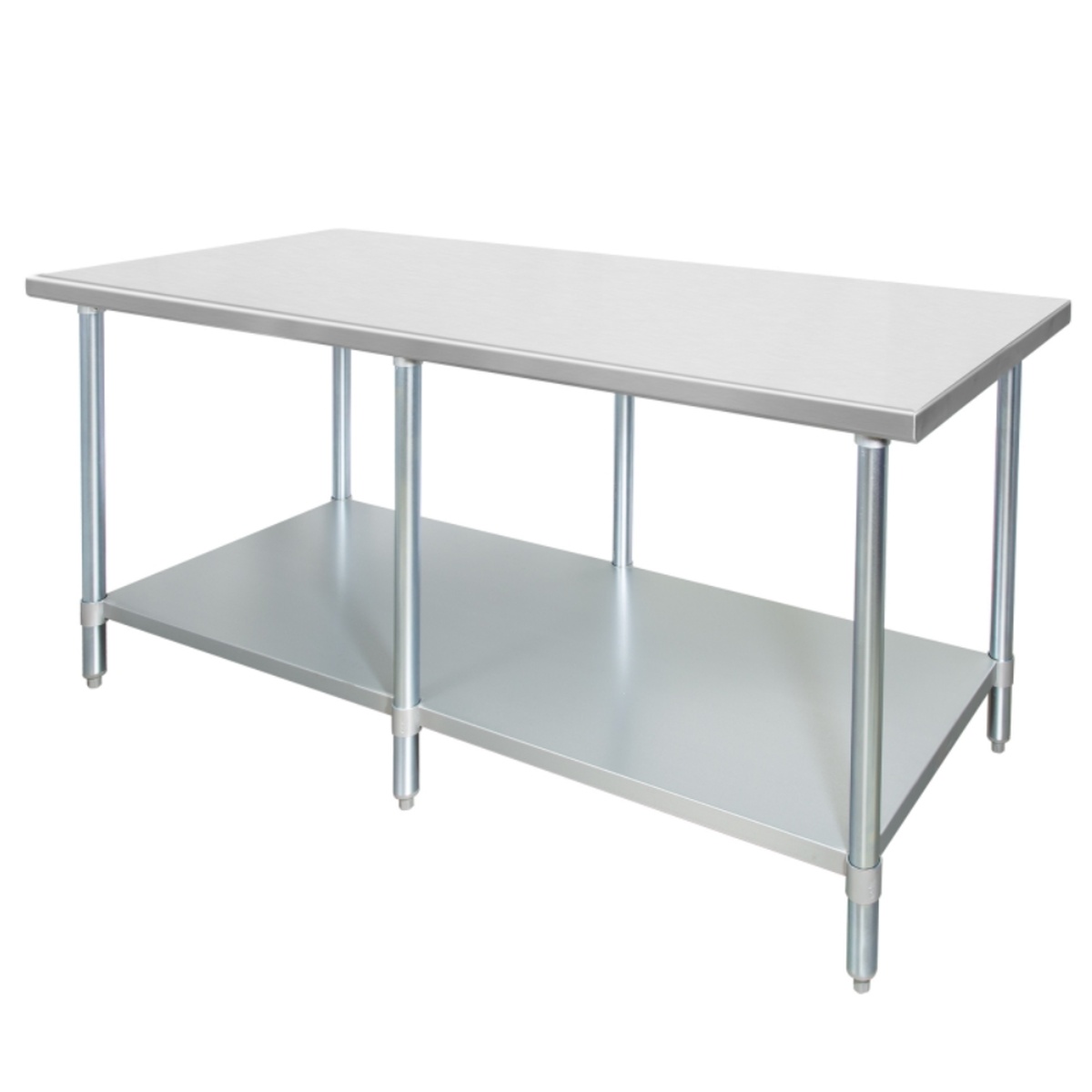 Enhanced stainless steel worktable 30x84 with galvanized undershelf and six galvanized legs