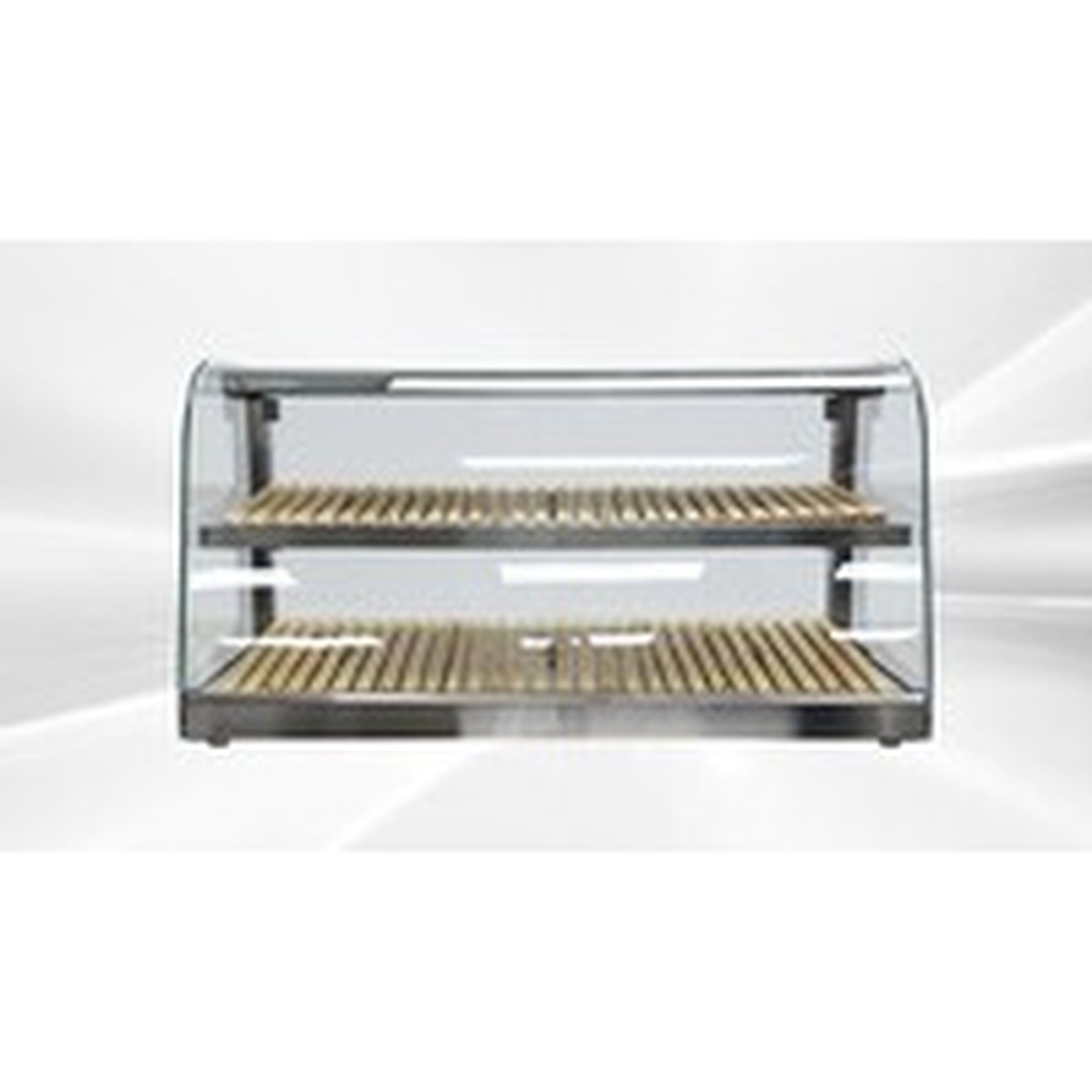 E-ZW-150X Enhanced display case front-facing view showing dual wooden shelves and stainless steel frame