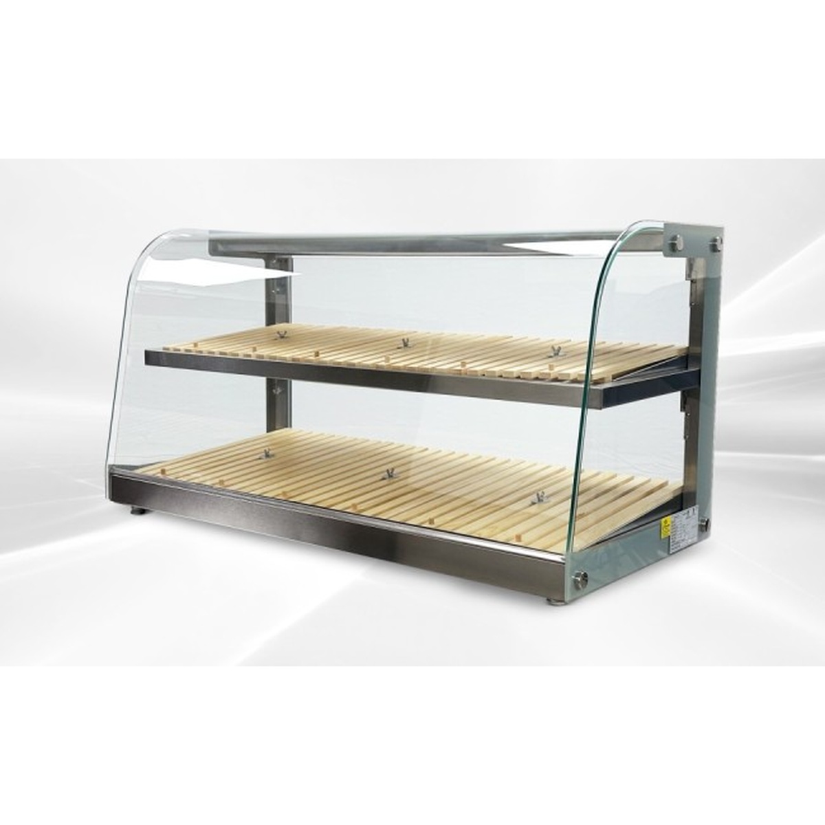 E-ZW-150X Enhanced countertop bakery display case with curved glass front and two wooden shelves, angled view