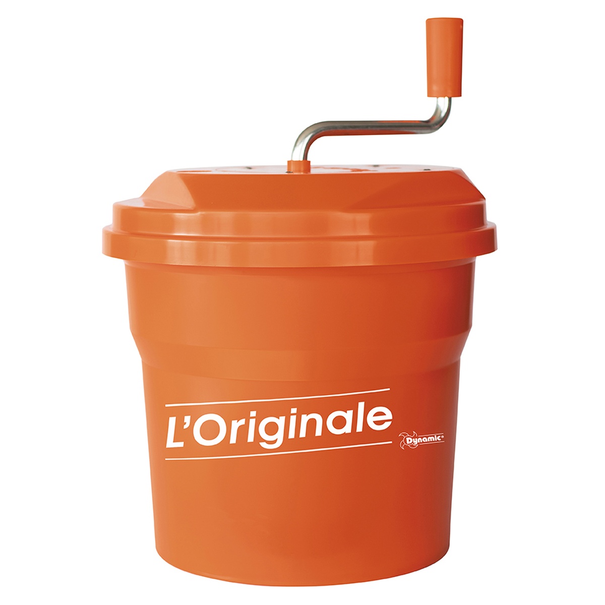 Dynamic USA E001 manual salad spinner with crank handle and orange polypropylene construction